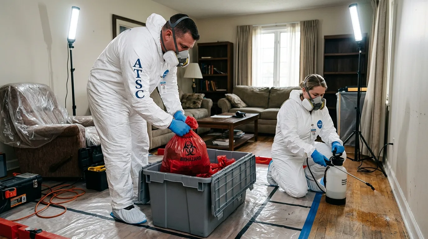 Professional Biohazard Cleanup technician in full PPE working in Monroe